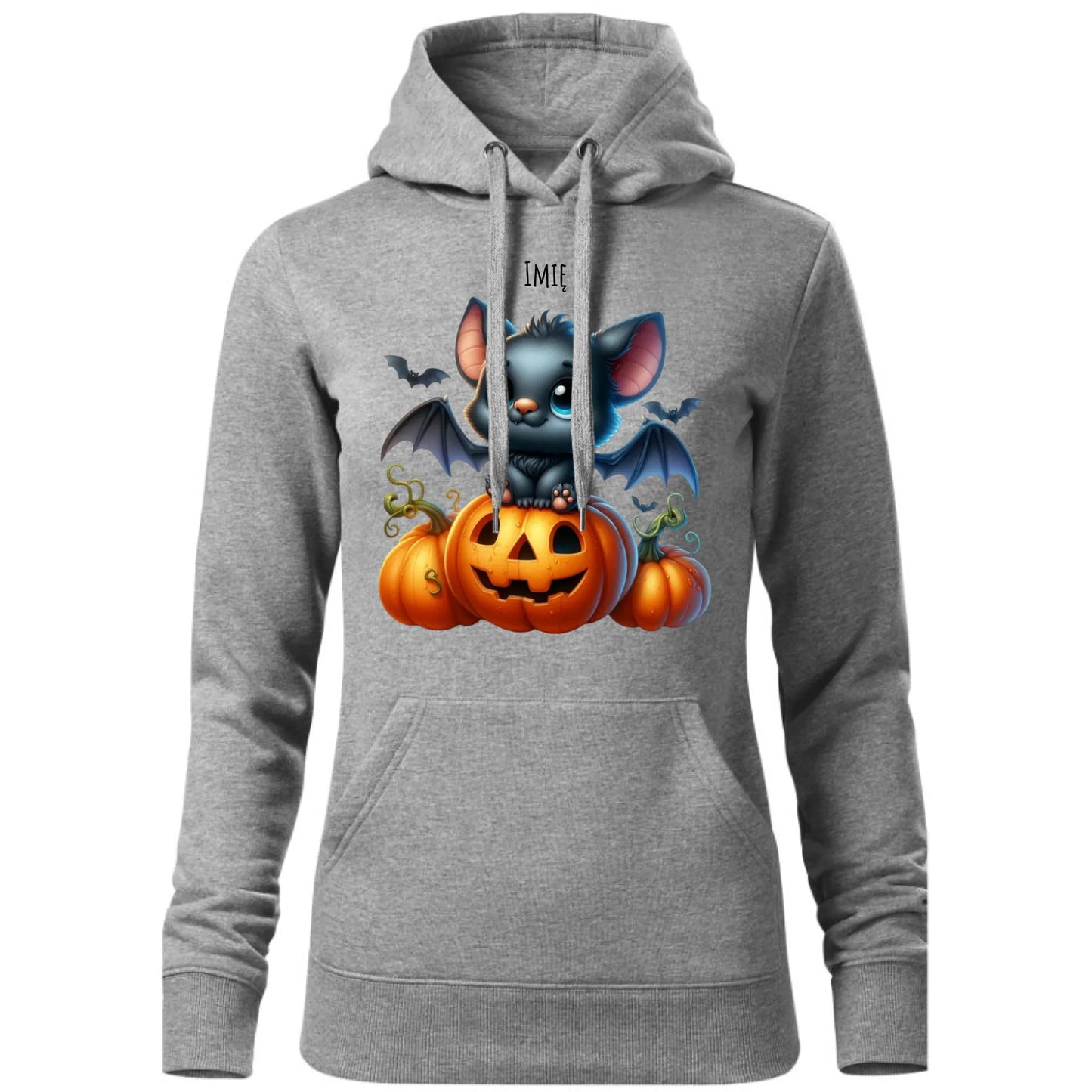 Bluza damska z kapturem halloweenowa - Słodki nietoperz z dynią - personalizowana HL09 - StoryCups.pl