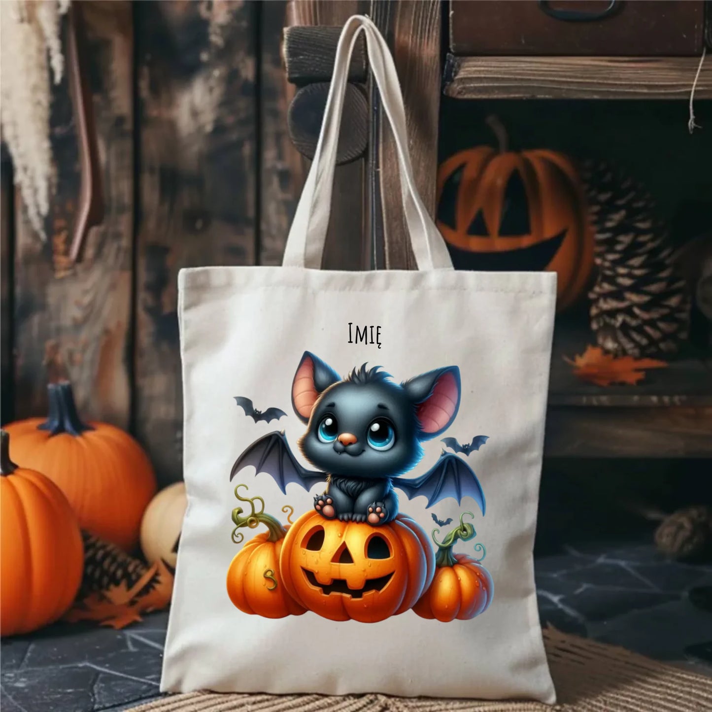 Torba halloweenowa - Słodki nietoperz z dynią - personalizowana HL09 - StoryCups.pl