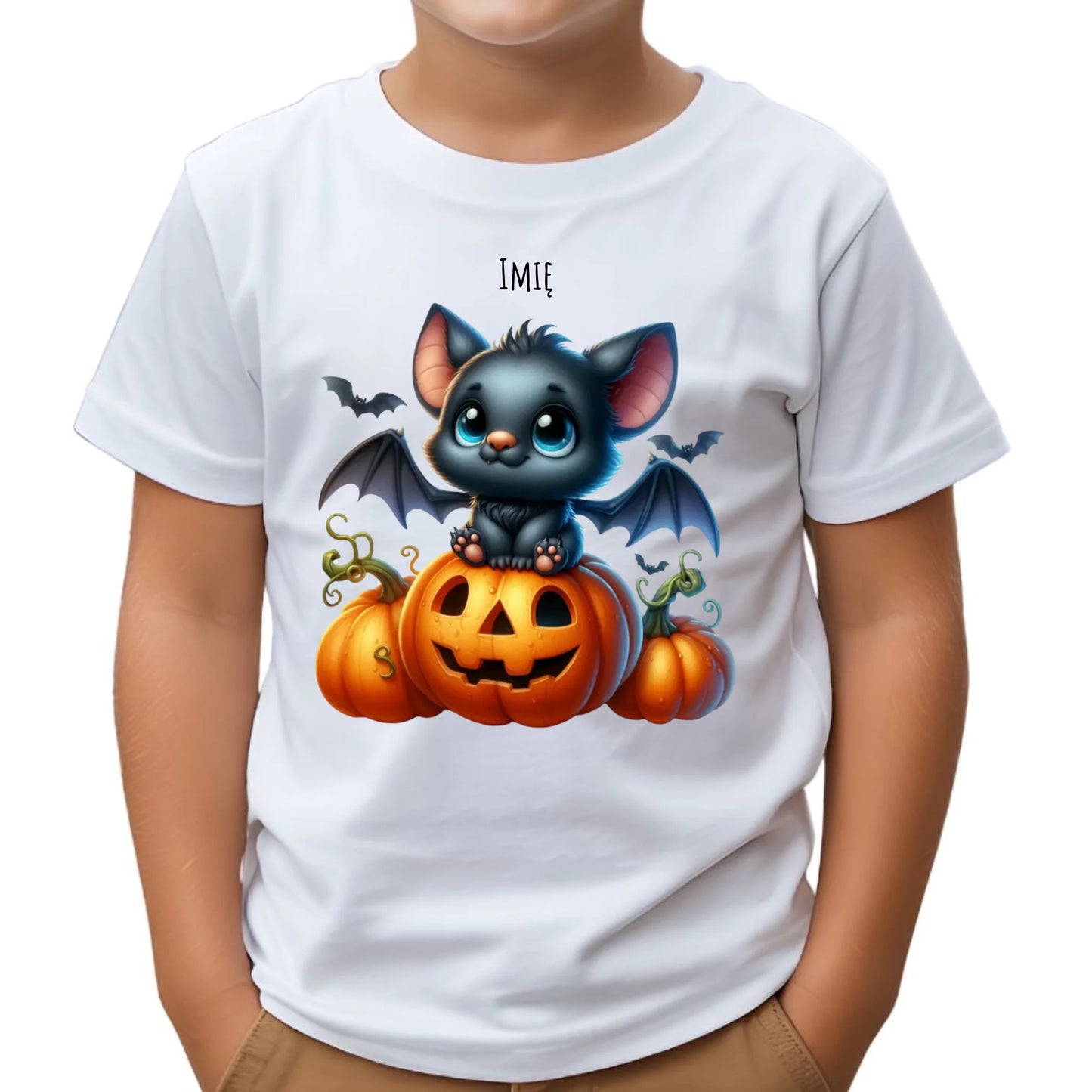 Koszulka dziecięca halloweenowa - Słodki nietoperz z dynią - personalizowana HL09 - StoryCups.pl
