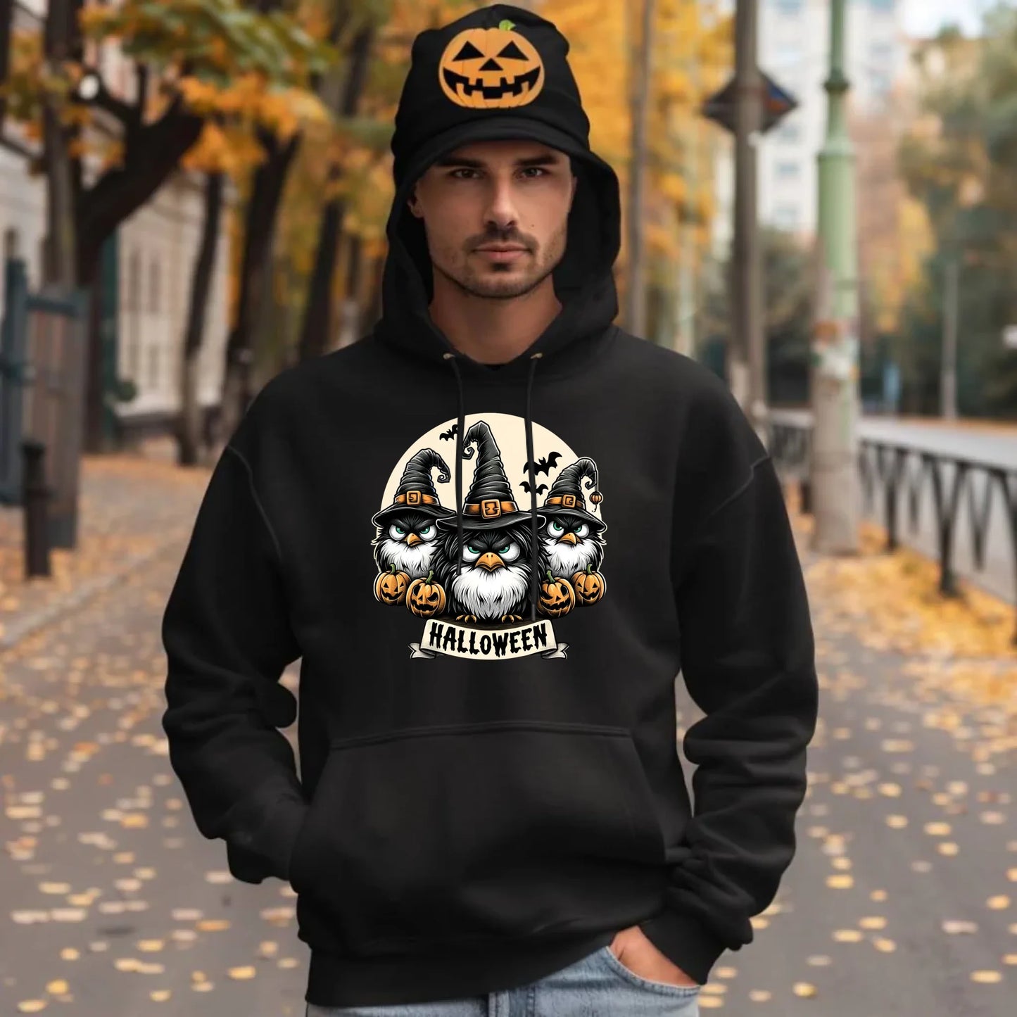 Bluza męska z kapturem na Halloween - Upiorne sowy wiedźmy HL15 - StoryCups.pl