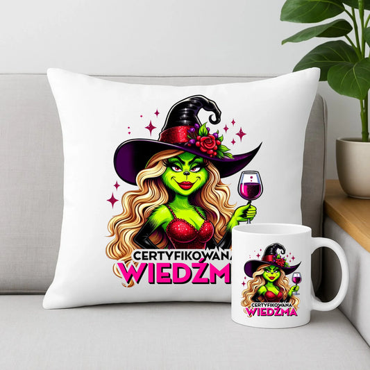 Zestaw poduszka i kubek - Certyfikowana wiedźma - śmieszny HL13 - StoryCups.pl
