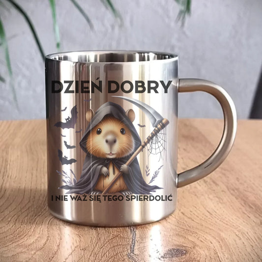 Kubek metalowy na halloween - Kapibara Żniwiarz - Dzień dobry - bez cenzury HL20 - StoryCups.pl