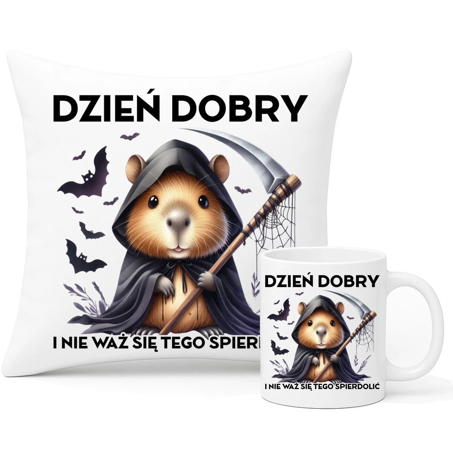 Zestaw poduszka i kubek na halloween - Kapibara Żniwiarz - Dzień dobry - bez cenzury HL20 - StoryCups.pl