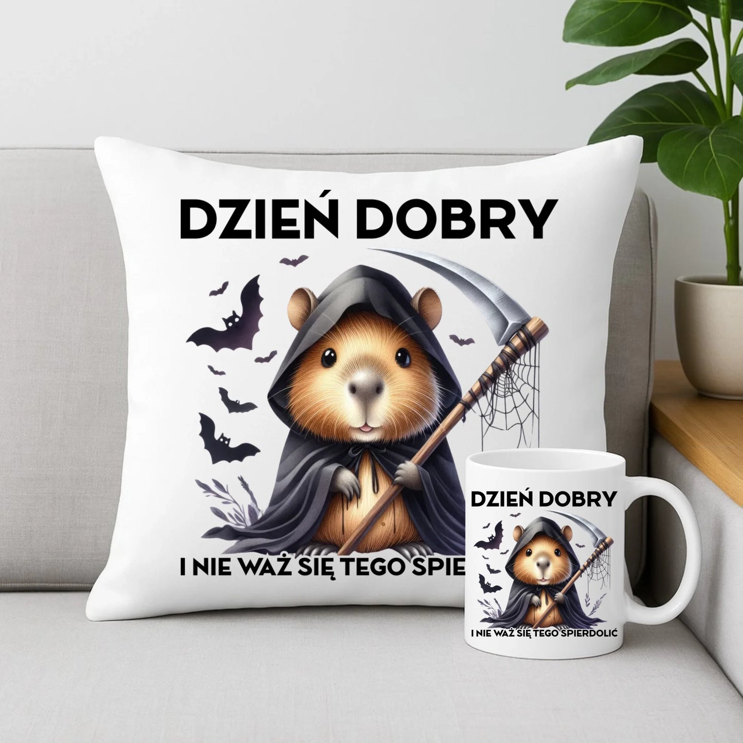 Zestaw poduszka i kubek na halloween - Kapibara Żniwiarz - Dzień dobry - bez cenzury HL20 - StoryCups.pl