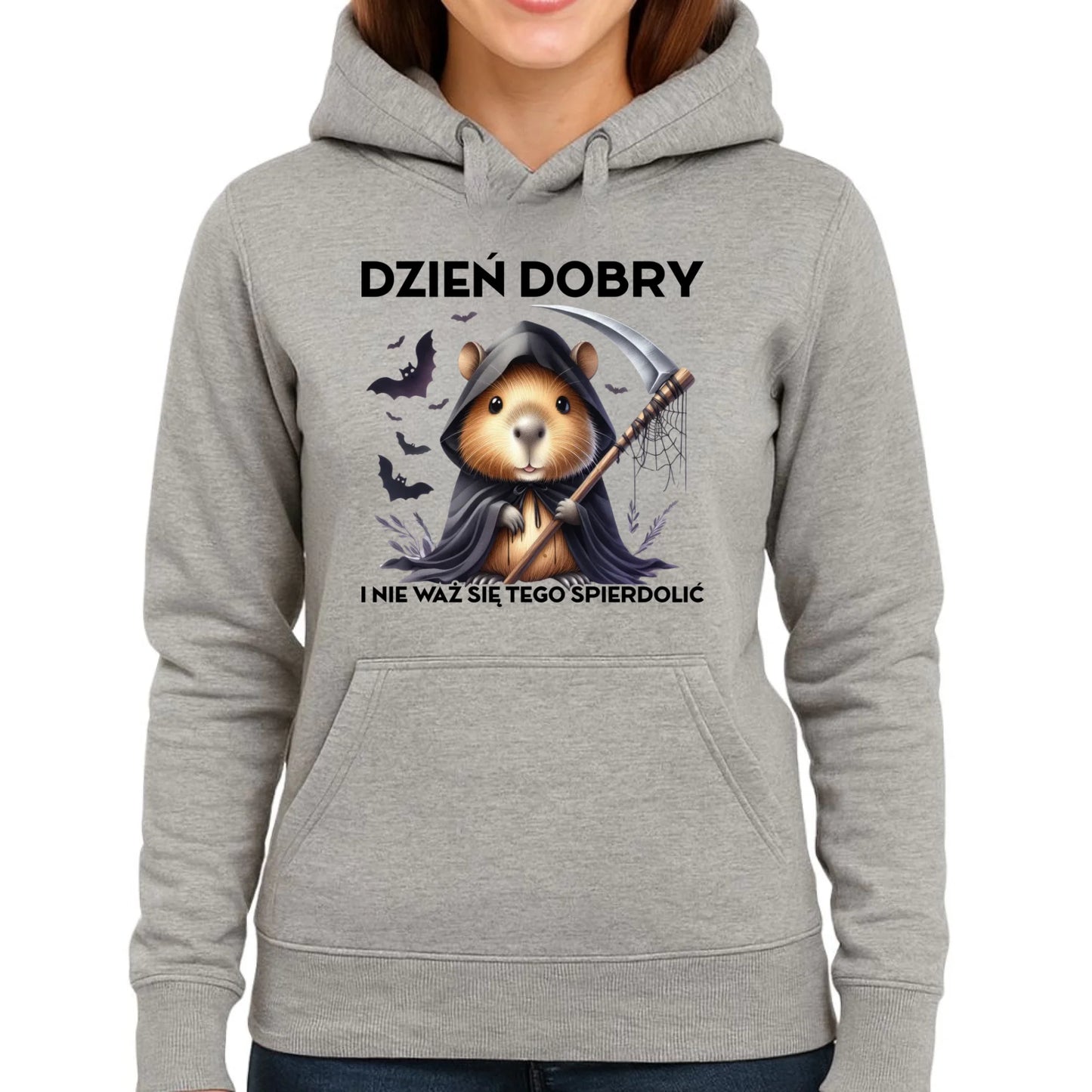 Bluza damska z kapturem na halloween - Kapibara Żniwiarz - Dzień dobry - bez cenzury HL20 - StoryCups.pl