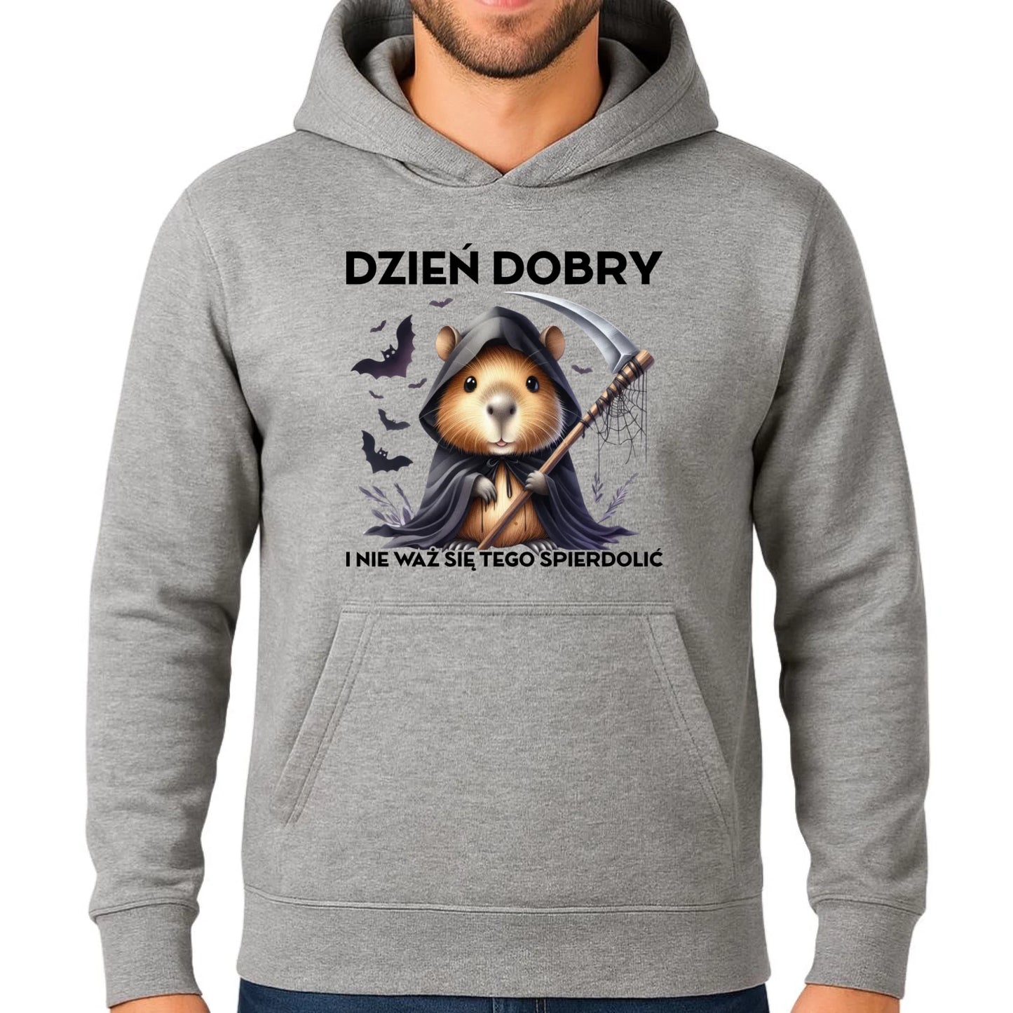 Bluza męska z kapturem na halloween - Kapibara Żniwiarz - Dzień dobry - bez cenzury HL20 - StoryCups.pl
