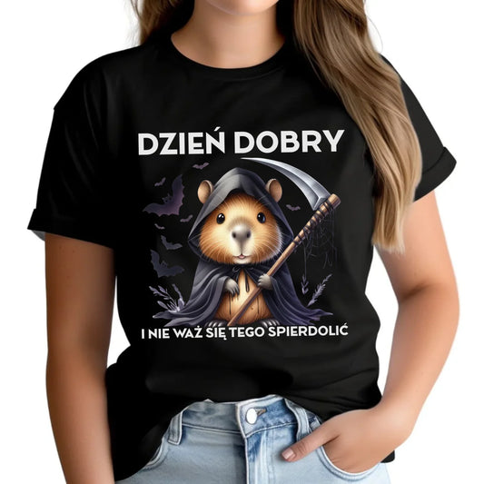 Koszulka damska halloweenowa - Kapibara Żniwiarz - Dzień dobry - bez cenzury HL20 - StoryCups.pl