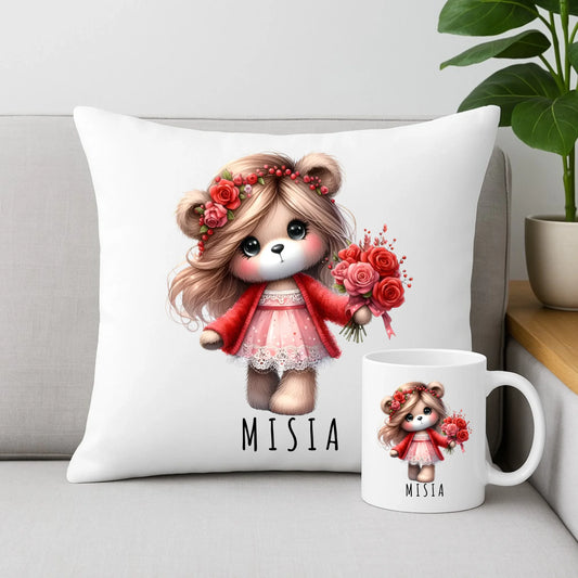 Zestaw poduszka i kubek - prezent dla dziewczyny - Urocza Misia W35 - StoryCups.pl