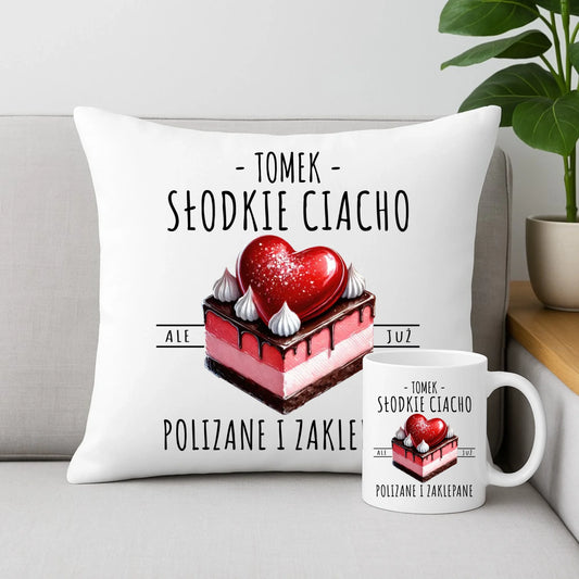 Zestaw poduszka i kubek - Słodkie ciacho polizane i zaklepane - personalizowany W36 - StoryCups.pl