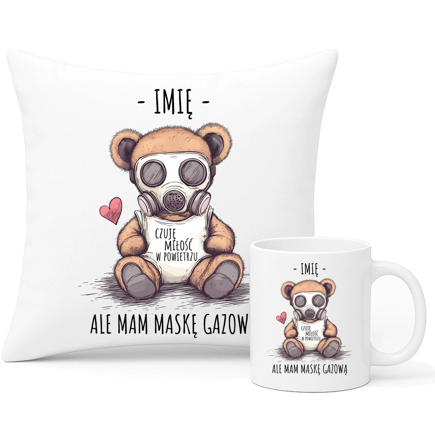 Zestaw poduszka i kubek - Miś w masce gazowej - Czuję miłość w powietrzu - personalizowany W38 - StoryCups.pl