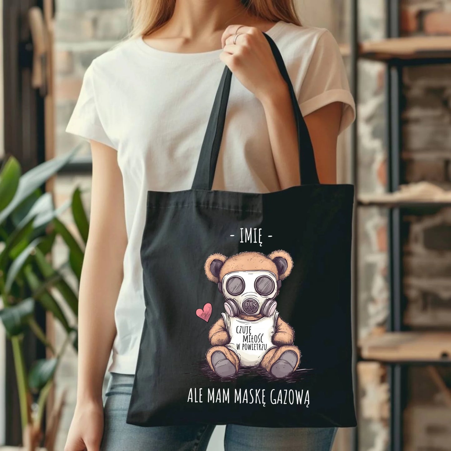 Torba - Miś w masce gazowej - Czuję miłość w powietrzu - personalizowana W38 - StoryCups.pl