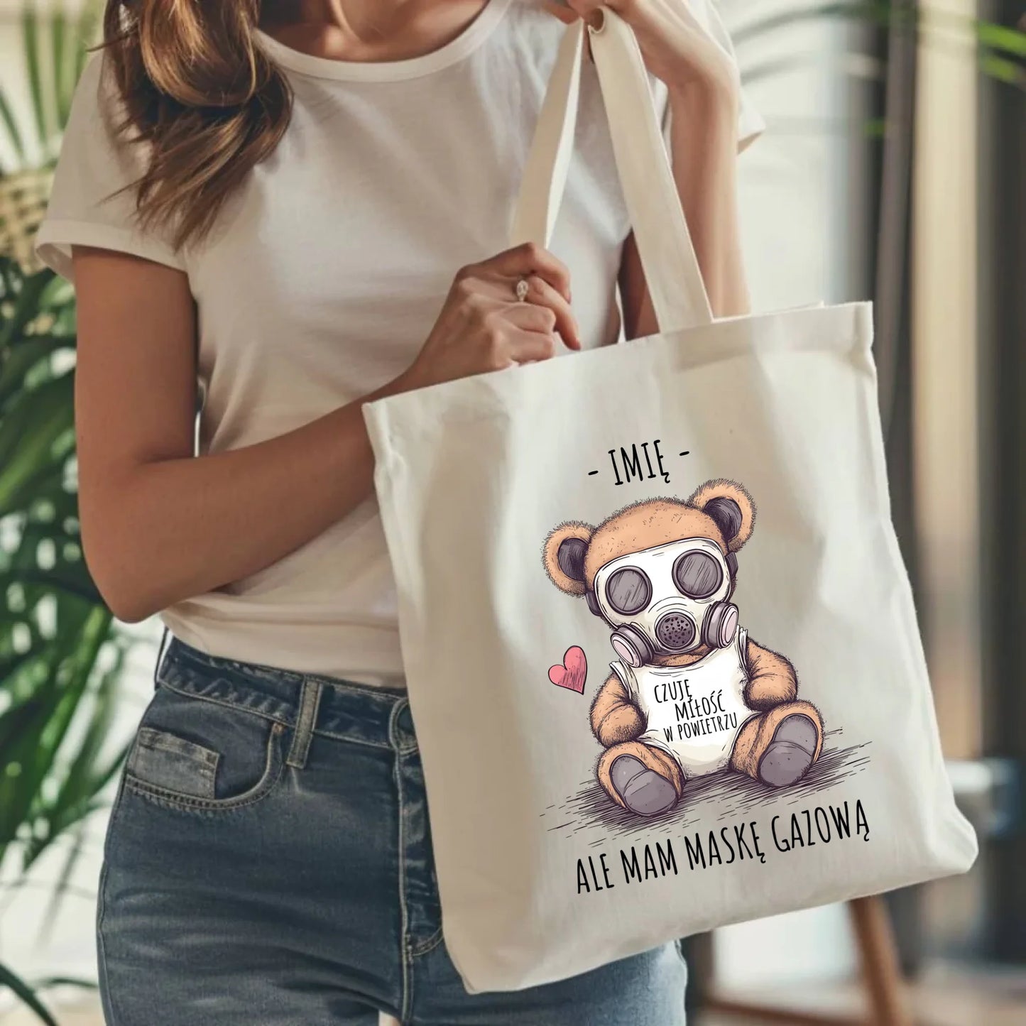 Torba - Miś w masce gazowej - Czuję miłość w powietrzu - personalizowana W38 - StoryCups.pl
