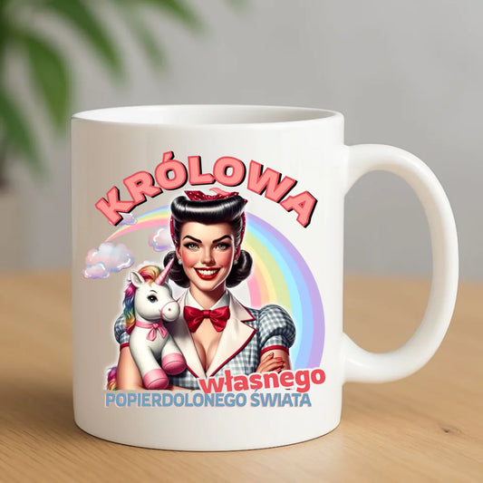 Śmieszny kubek retro – Królowa własnego popierd*onego świata - bez cenzury DZ08 - StoryCups.pl
