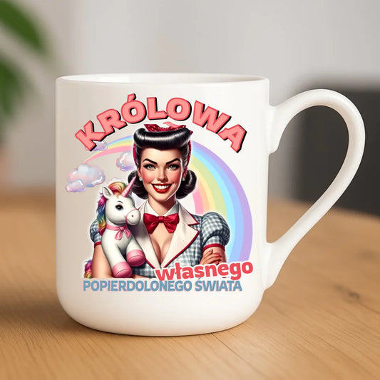 Śmieszny kubek elegant retro – Królowa własnego popierd*onego świata - bez cenzury DZ08 - StoryCups.pl
