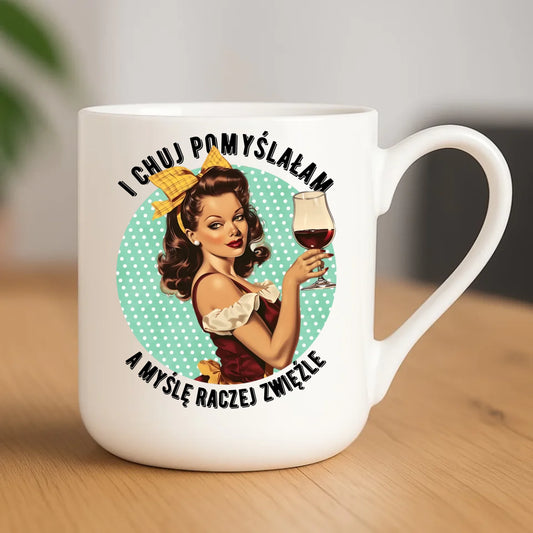 Śmieszny kubek elegant retro - I ch*j pomyślałam, a myślę raczej zwięźle – bez cenzury DZ13 - StoryCups.pl
