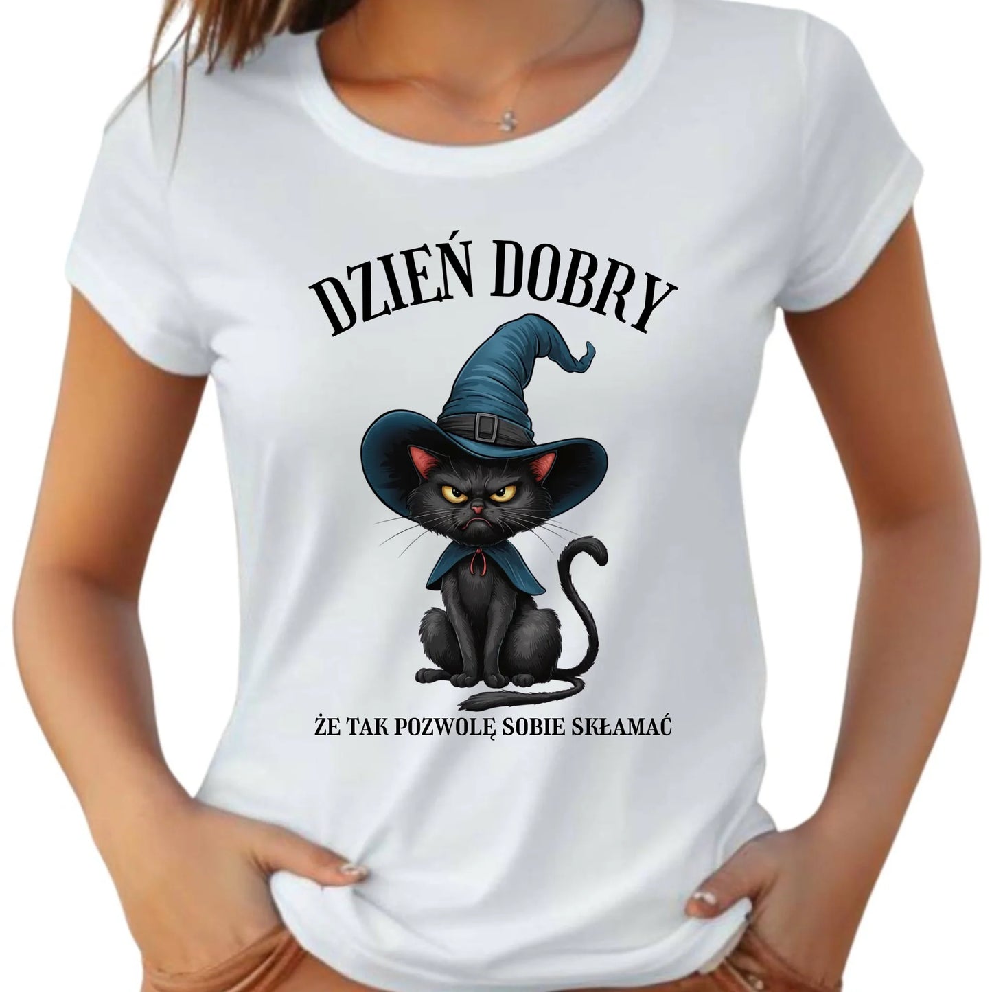 Koszulka damska na Halloween - Kot Czarownicy - Dzień dobry, że tak skłamię HL27 - StoryCups.pl