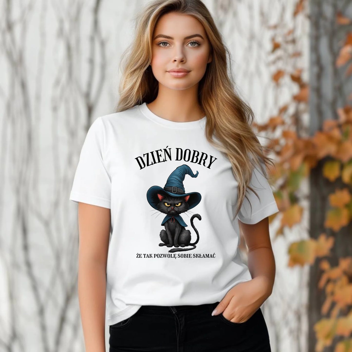 Koszulka damska na Halloween - Kot Czarownicy - Dzień dobry, że tak skłamię HL27 - StoryCups.pl