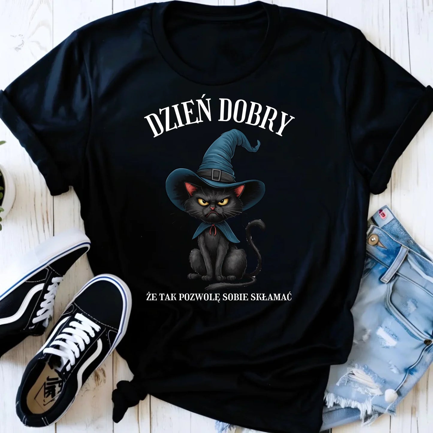 Koszulka damska na Halloween - Kot Czarownicy - Dzień dobry, że tak skłamię HL27 - StoryCups.pl
