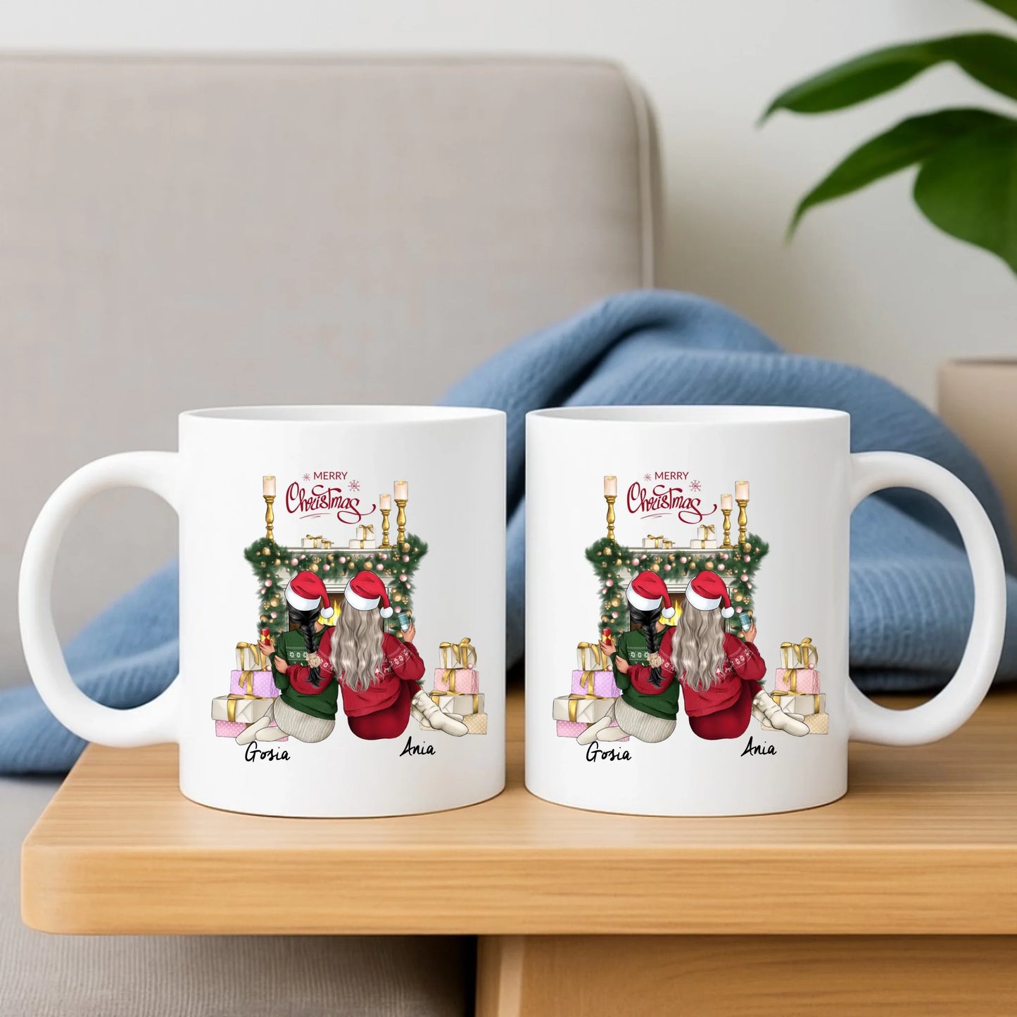 Zestaw poduszka i kubek świąteczny - prezent dla przyjaciółki - personalizowane postacie 2-4 osoby PR04 - StoryCups.pl