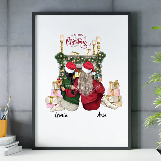 Plakat w ramie świąteczny - prezent dla przyjaciółki - personalizowane postacie 2-4 osoby PR04 - StoryCups.pl