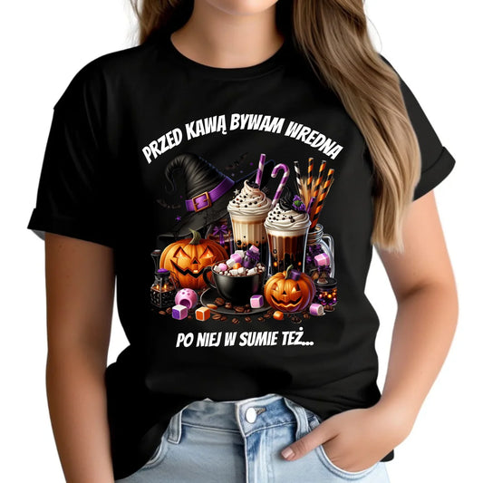 Koszulka damska Halloween – Przed kawą bywam wredna, po niej w sumie też HL30 - StoryCups.pl