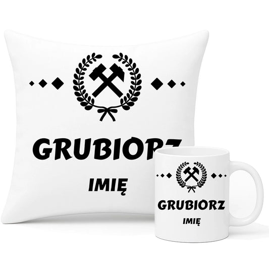 Zestaw poduszka i kubek - prezent dla górnika - Grubiorz - personalizowany G03 - StoryCups.pl