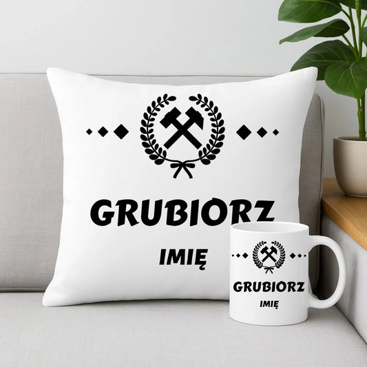 Zestaw poduszka i kubek - prezent dla górnika - Grubiorz - personalizowany G03 - StoryCups.pl