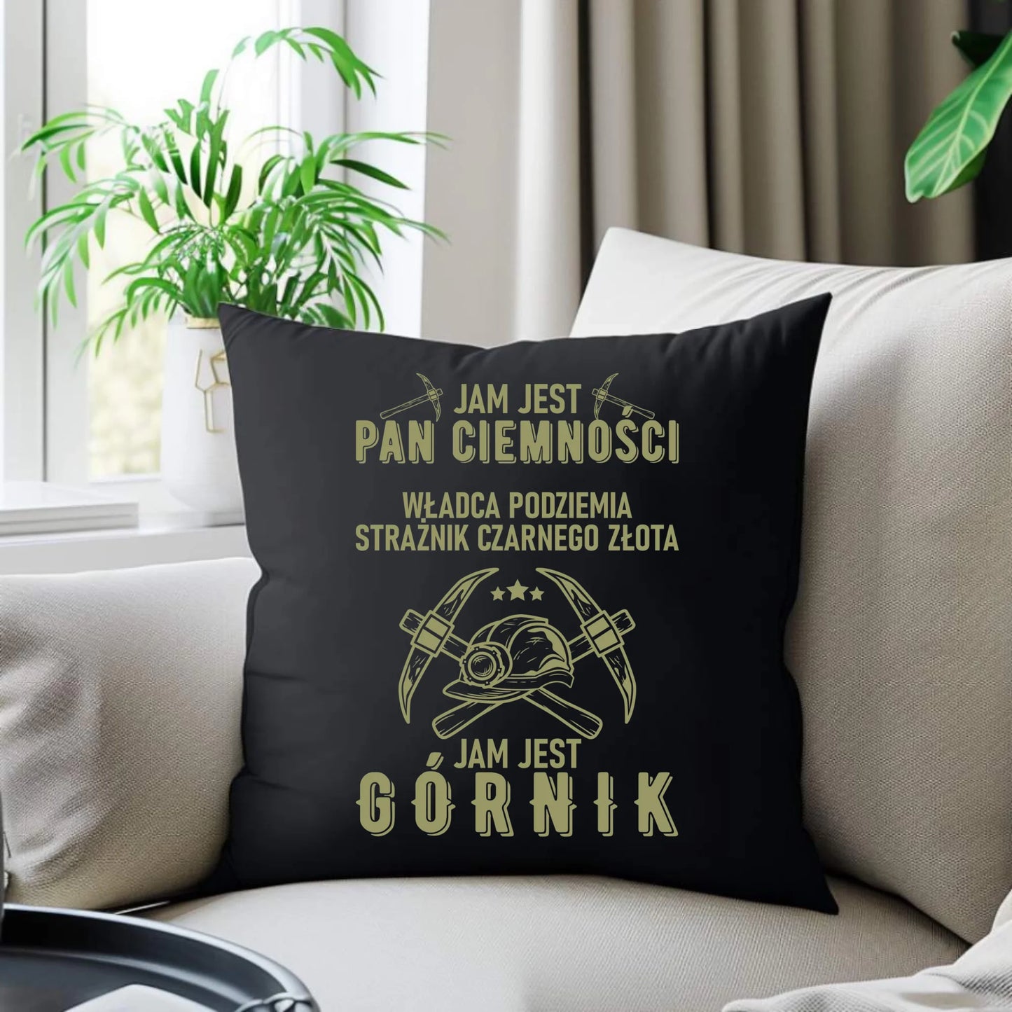 Poduszka dekoracyjna - prezent dla górnika - Pan ciemności jam jest górnik G04 - StoryCups.pl