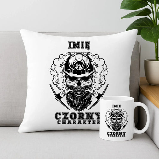 Zestaw poduszka i kubek - prezent dla górnika - Czorny charakter - personalizowany G06 - StoryCups.pl