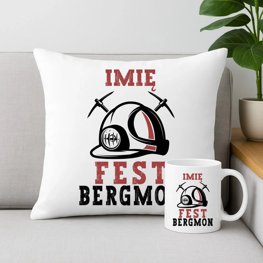 Zestaw poduszka i kubek - prezent dla górnika - Fest bergmon - personalizowany G07 - StoryCups.pl