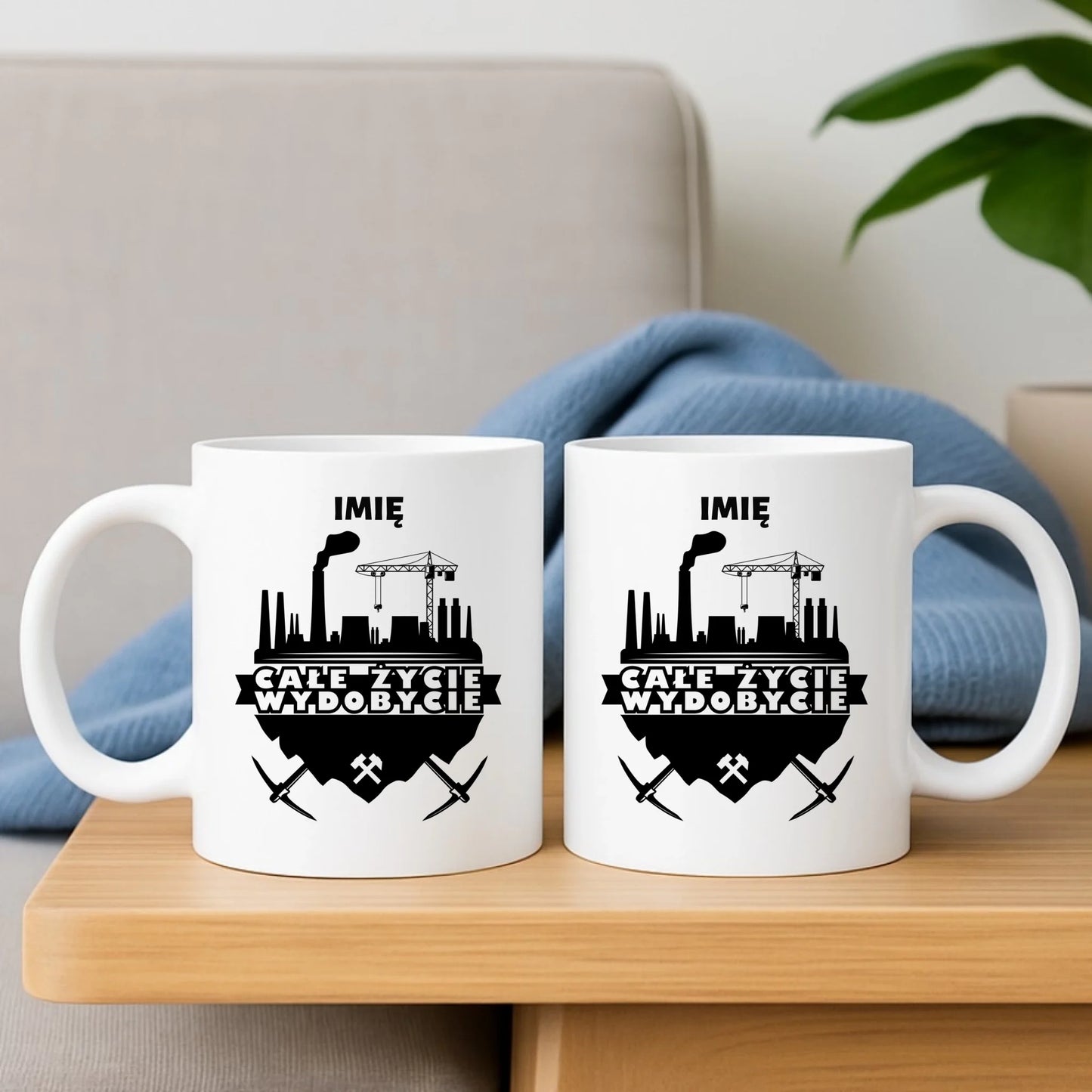 Zestaw poduszka i kubek - prezent dla górnika - Całe życie wydobycie - personalizowany G09 - StoryCups.pl