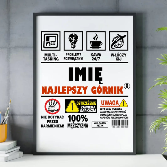 Plakat w ramie - prezent dla górnika - Najlepszy górnik 24/7 - personalizowany G11 - StoryCups.pl