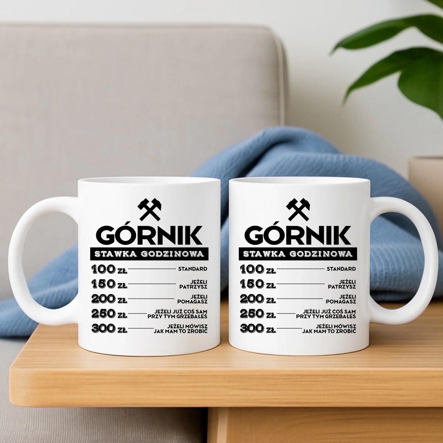 Zestaw poduszka i kubek - prezent dla górnika - Górnik stawka godzinowa G14 - StoryCups.pl