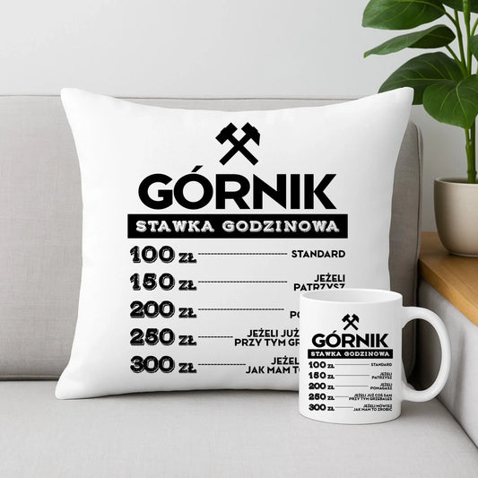 Zestaw poduszka i kubek - prezent dla górnika - Górnik stawka godzinowa G14 - StoryCups.pl