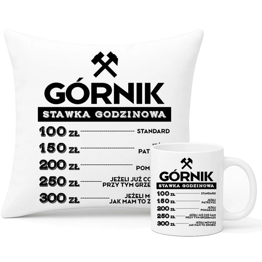 Zestaw poduszka i kubek - prezent dla górnika - Górnik stawka godzinowa G14 - StoryCups.pl