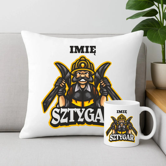 Zestaw poduszka i kubek - prezent dla górnika - Sztygar - personalizowany G15 - StoryCups.pl