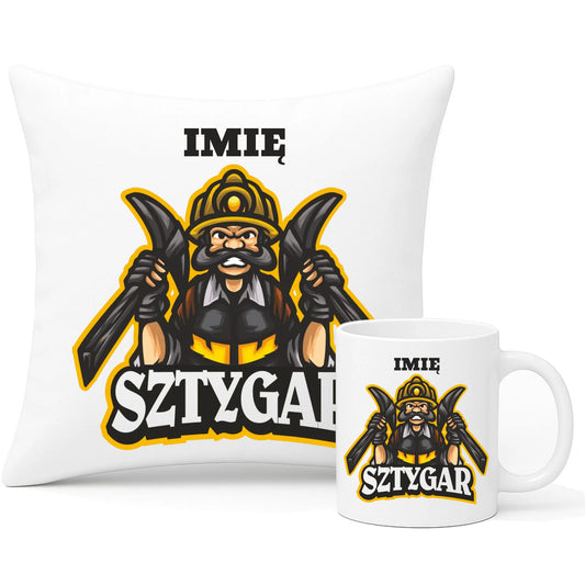 Zestaw poduszka i kubek - prezent dla górnika - Sztygar - personalizowany G15 - StoryCups.pl