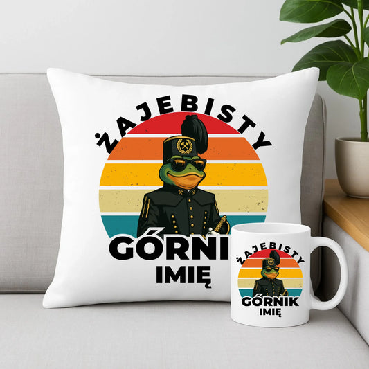 Zestaw poduszka i kubek - prezent dla górnika - Żajebisty górnik - personalizowany G19 - StoryCups.pl