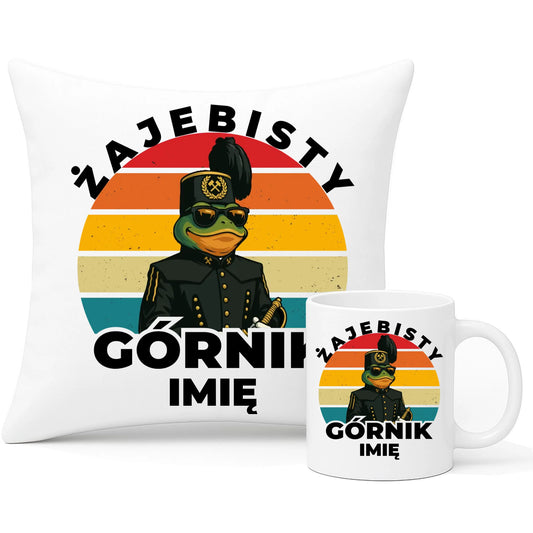 Zestaw poduszka i kubek - prezent dla górnika - Żajebisty górnik - personalizowany G19 - StoryCups.pl