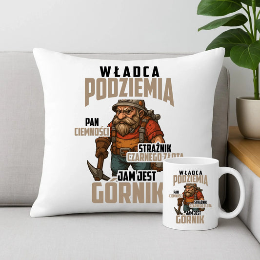 Zestaw poduszka i kubek - prezent dla górnika - Władca podziemia Górnik G20 - StoryCups.pl