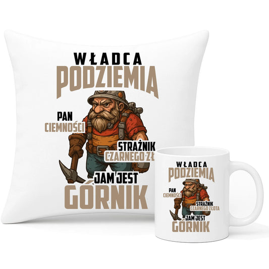 Zestaw poduszka i kubek - prezent dla górnika - Władca podziemia Górnik G20 - StoryCups.pl