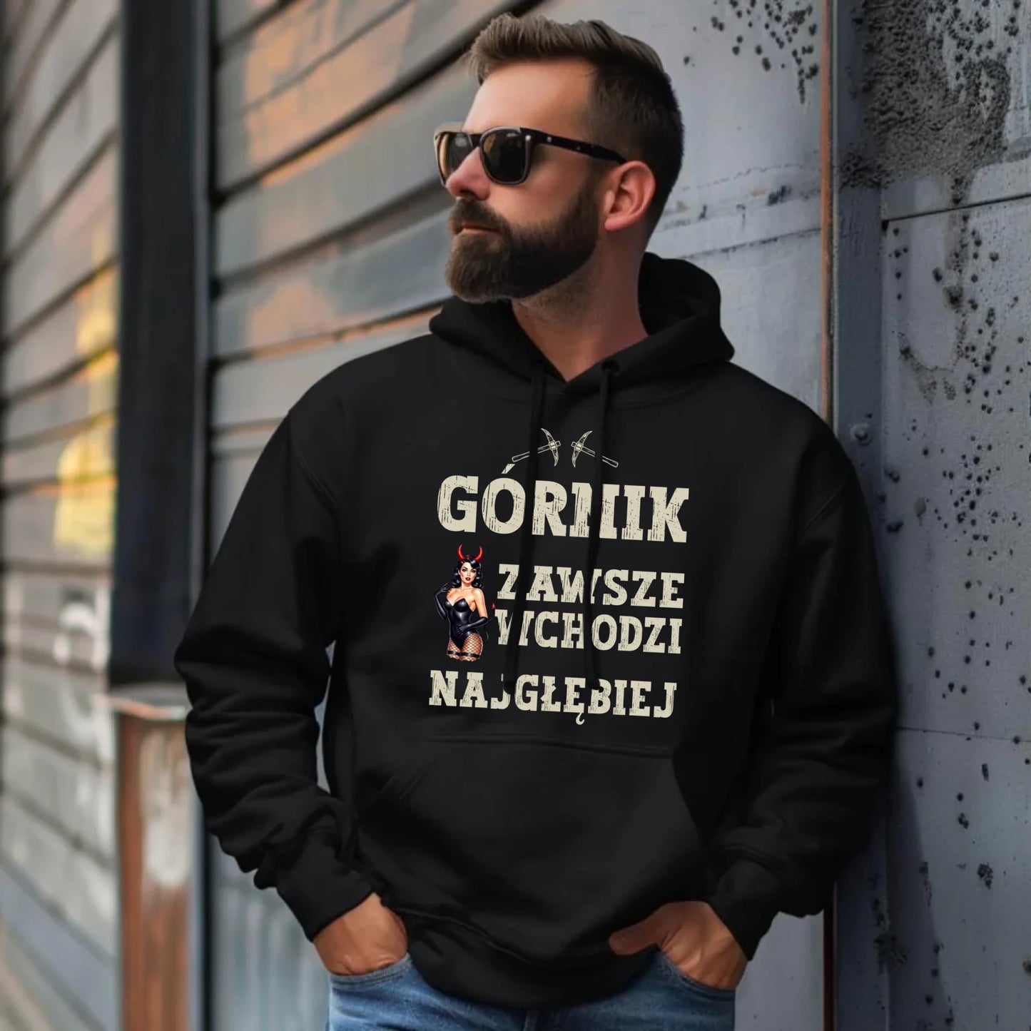 Bluza męska z kapturem - prezent dla górnika - Górnik zawsze wchodzi najgłębiej G22 - StoryCups.pl