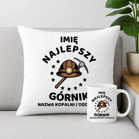 Zestaw poduszka i kubek - prezent dla górnika - Najlepszy górnik - personalizowany G23 - StoryCups.pl