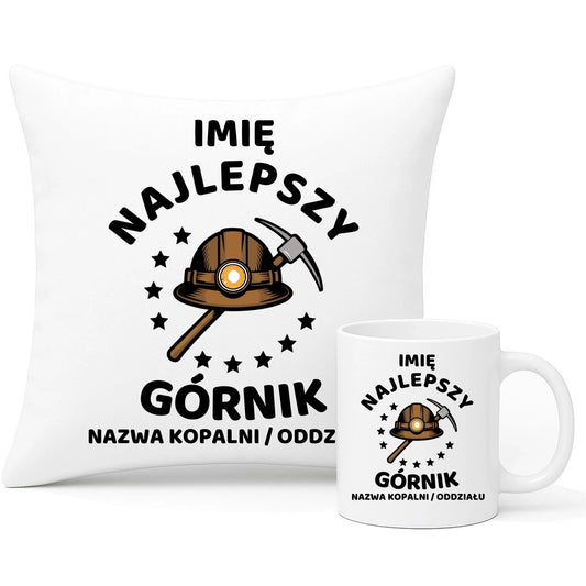 Zestaw poduszka i kubek - prezent dla górnika - Najlepszy górnik - personalizowany G23 - StoryCups.pl