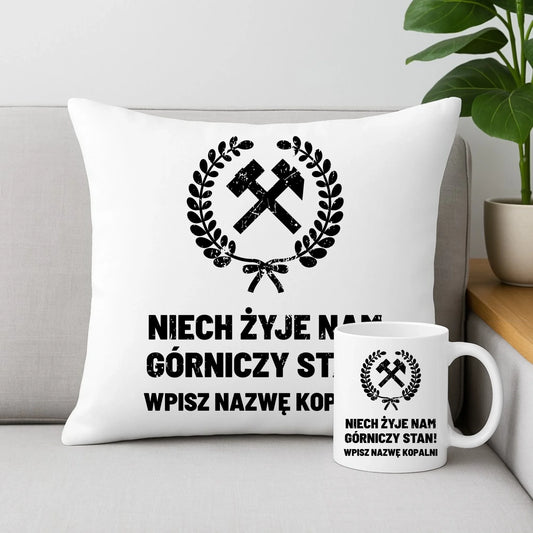 Zestaw poduszka i kubek - prezent dla górnika - Niech żyje nam górniczy stan - personalizowany G24 - StoryCups.pl