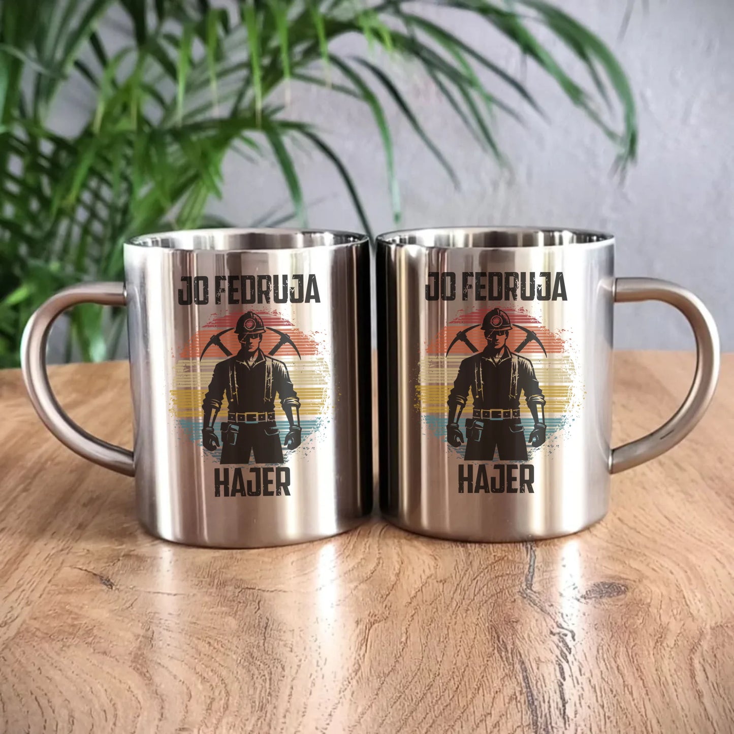 Kubek metalowy - prezent dla górnika - Jo fedruja Hajer G26 - StoryCups.pl