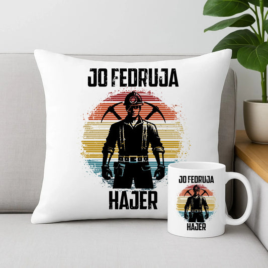 Zestaw poduszka i kubek - prezent dla górnika - Jo fedruja Hajer G26 - StoryCups.pl