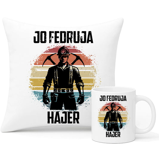 Zestaw poduszka i kubek - prezent dla górnika - Jo fedruja Hajer G26 - StoryCups.pl