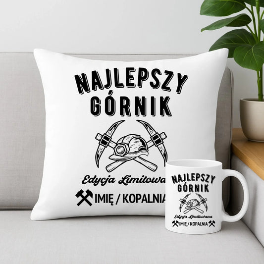Zestaw poduszka i kubek - prezent dla górnika - Najlepszy górnik - personalizowany G27 - StoryCups.pl