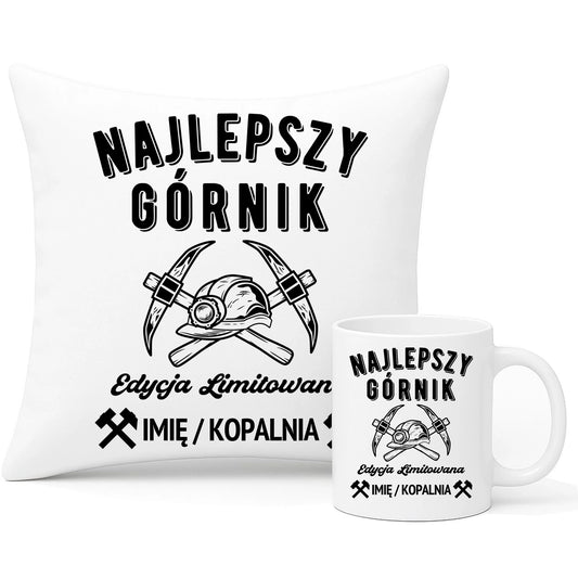 Zestaw poduszka i kubek - prezent dla górnika - Najlepszy górnik - personalizowany G27 - StoryCups.pl